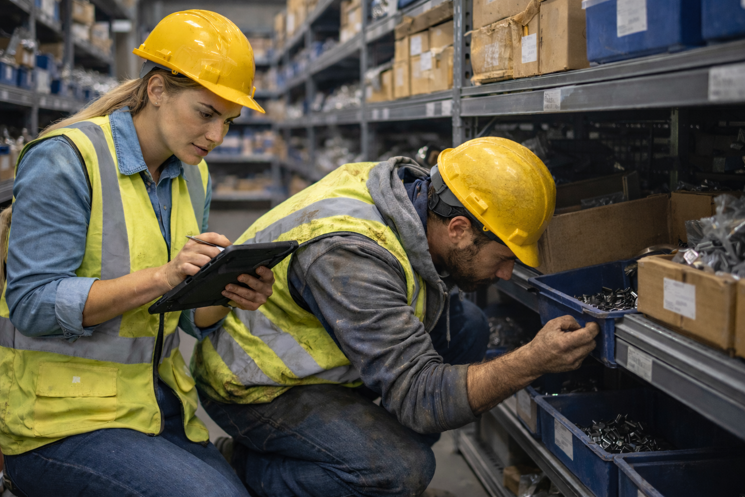 Warehouse staff using tablets to verify inventory on shelves.