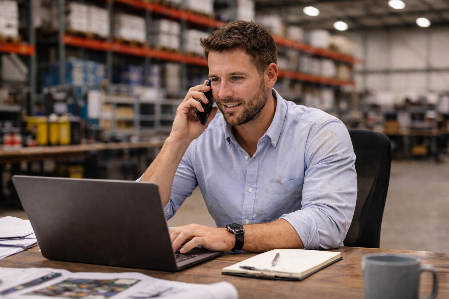 Operations lead taking a call while reviewing orders on a laptop.