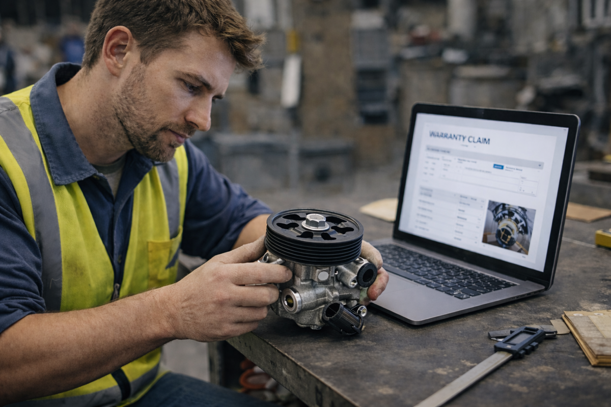 Technician reviewing a warranty issue with equipment on the bench.